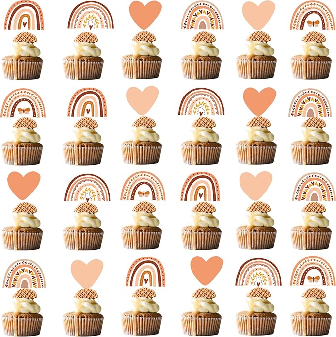 48 Pcs Boho Rainbow Party Cupcake Toppers for Boho Rainbow Birthday Party Decorations