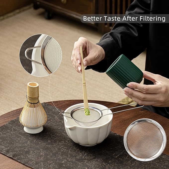 Matcha Whisk Set, Matcha Bowl with Spout, Matcha Whisk, Chasen Holder, Sifter, Bamboo Scoop - 5 Pcs Perfect Matcha Making Kit for Matcha Lover and Tea Ceremony (Pearl White)