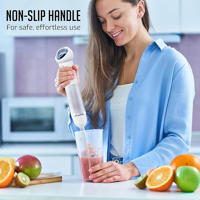 OVENTE Cordless Immersion Hand Blender, 300W Rechargeable Handheld Portable Stick Mixer with Speed Pulse Activating Sensor and Stainless Steel Blades for Smoothies, Shakes or Baby Food, White HR995W