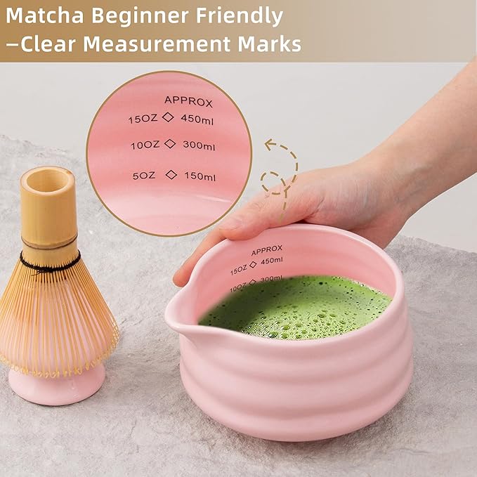 2pcs Matcha Bowl with Whisk Holder, Ceramic Pink Matcha Bowl with Spout, 16.5OZ Porcelain Bowl with Measurement Marks, Tea Mixing Bowl with Whisk Stand, Gfit for mom/daughter/girls (pink)