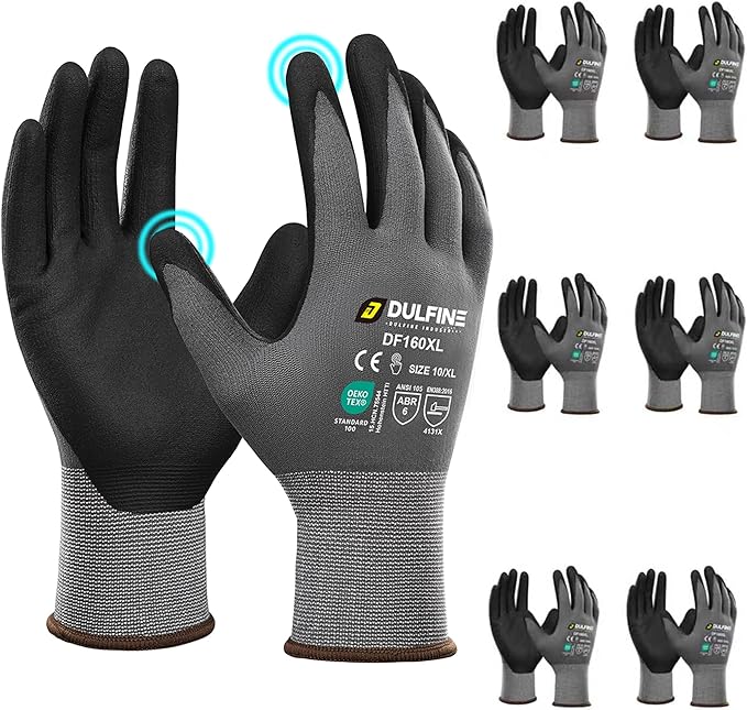 DULFINE Safety Work Gloves MicroFoam Nitrile Coated-6 Pairs Pack,Seamless Knit Nylon Glove with Black Micro-Foam Nitrile Grip,Ideal for General Purpose,Automotive,Home Improvement,Painting(Large)