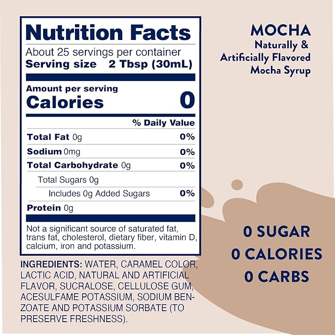 Jordan's Skinny Syrups Sugar Free Coffee Syrup, Mocha Flavor Drink Mix, Zero Calorie Flavoring for Chai Latte, Protein Shake, Food & More, Gluten Free, Keto Friendly, 25.4 Fl Oz, 1 Pack