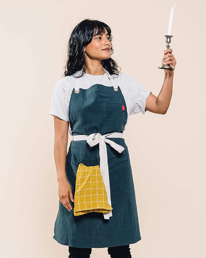 Caldo Linen Kitchen Apron - Mens and Womens Linen Bib Apron - Adjustable with Pockets (Spruce)