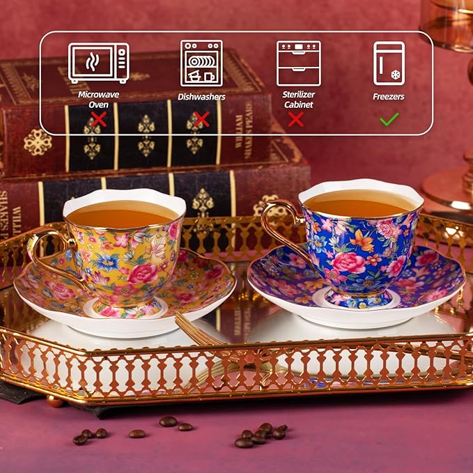 KAMMAK Tea Cups and Saucers Set of 2, Porcelain Coffee Cups with Saucer for Espresso, Cappuccino, 6.3oz Vintage Gold and Blue Ceramic Demitasse Mug for Home, Tea Party, Office