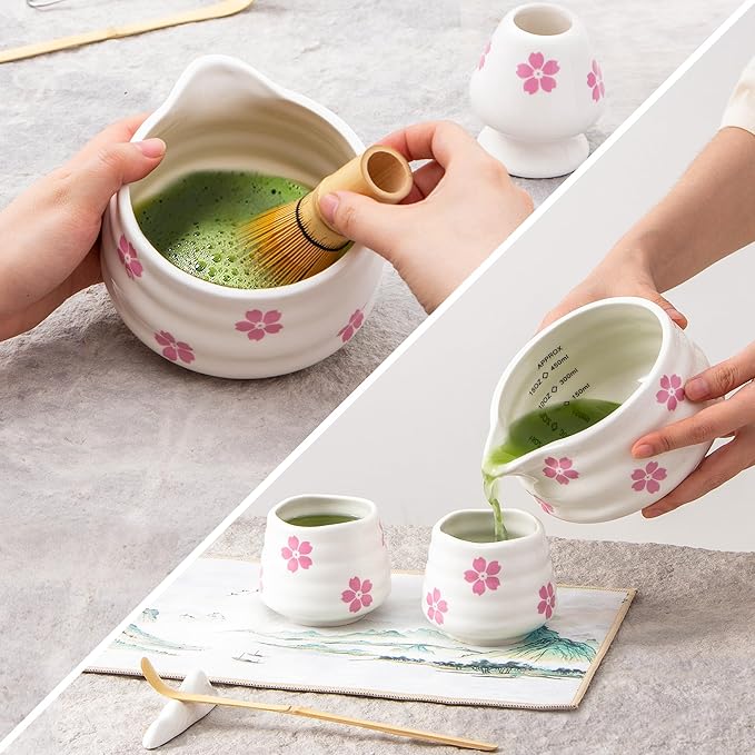 2pcs Matcha Bowl with Whisk Holder, Ceramic Cherry Blossom Matcha Bowl with Spout, 16.5OZ Porcelain Bowl with Measurement Marks,Tea Mixing Bowl with Whisk Stand, Matcha Gift (sakura)