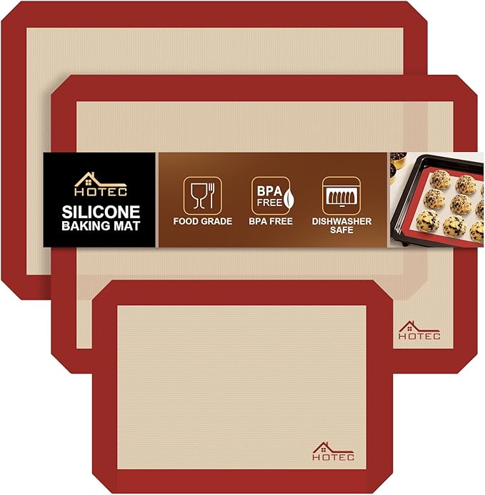 HOTEC Silicone Baking Mats 3 Pack – Non-Stick Reusable Silicone Baking Sheets for Oven – Cookie & Macaron Mats – 2 Half Sheet + 1 Quarter Sheet – BPA-Free, Dishwasher Safe