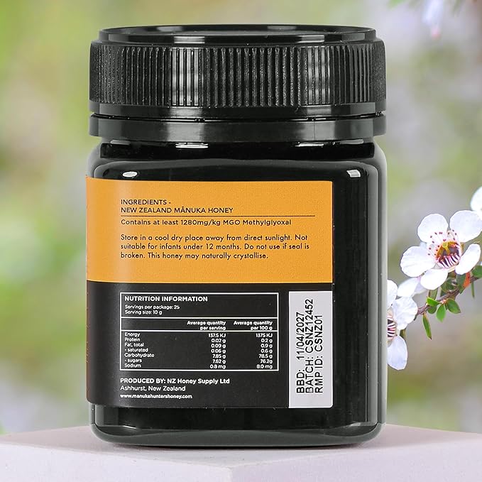 Manuka Hunters UMF 26+/MGO 1280+ Certified New Zealand Manuka Honey - 100% Pure Natural Sweetener - Gluten, Dairy Free - Ideal for Tea, Coffee, Smoothies, and Baking - Sustainable - 8.8oz/250g Jar