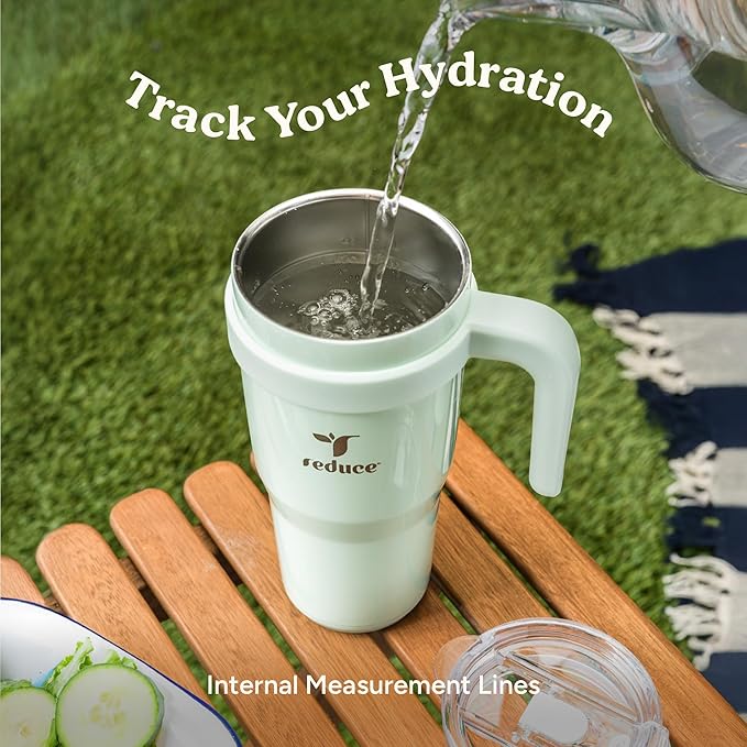 REDUCE 24 oz Stainless Steel Tumbler with Handle - Dual-Wall Vacuum Insulated Travel Mug, Sweat-Proof Lid & Reusable Straw - Keeps Drinks Cold for 24 Hrs, Fits Cupholders, Dishwasher Safe - Phantom