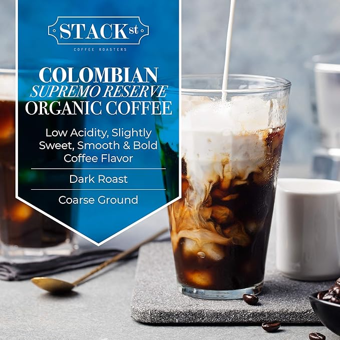 Organic Cold Brew Coffee Coarse Ground 1 LB - Colombian Supremo Reserve Flavor Dark Roast Coarse Grind - 100% Arabica Beans - Handcrafted, Single Origin, Micro Roast, Direct Trade – By Stack Street