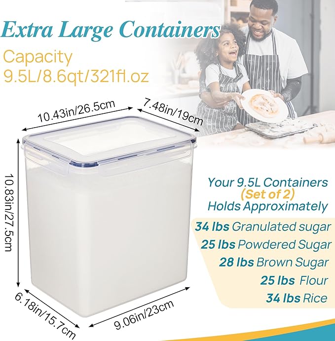 Vtopmart 9.5L 2 Pack Extra Large Flour Sugar Storage Containers for 25lbs flour, Airtight Kitchen Pantry Organization Canisters with Lids for Bulk food, Rice, Baking Supplies, BPA Free, Black