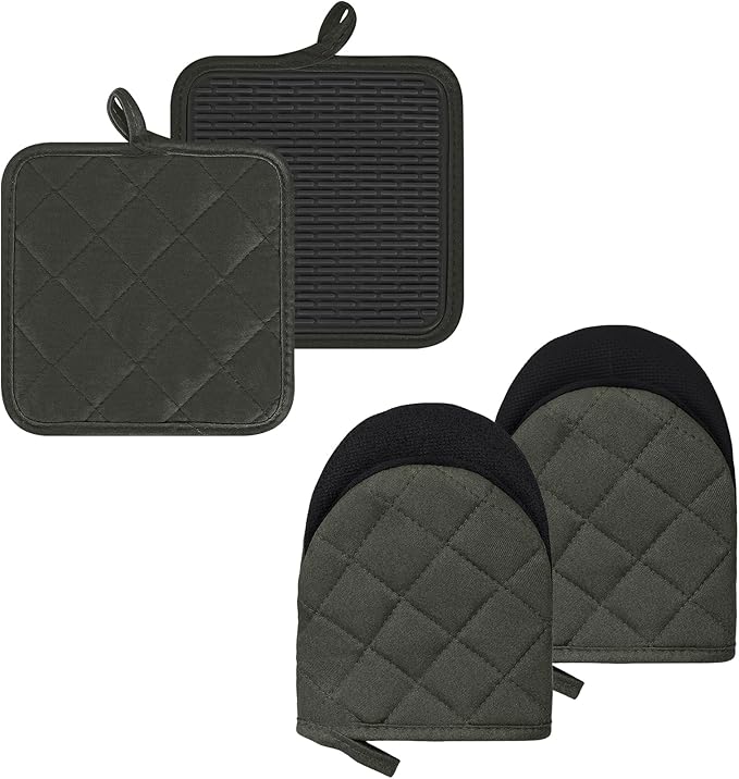 Oven Mitts and Pot Holders Set, Pack of 4, Heat Resistant Silicone Kitchen Mini Oven Mittens for 500 Degrees, Mini Oven Gloves and Hot Pads for Baking Grilling Barbecue Microwave Machine Washable