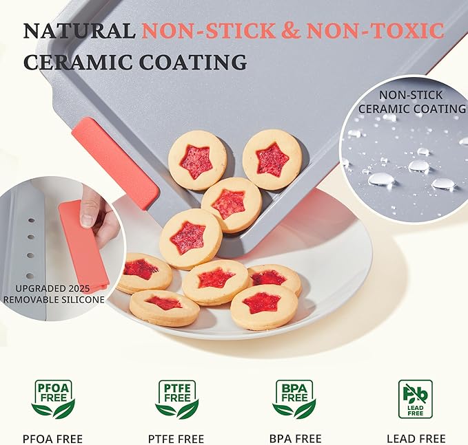 BRONYPRO Non Stick Ceramic Baking Sheet Pan Set of 3, Natural Non Toxic Cookie Sheets for Baking - PFOA, PTFE Free, Heavy Duty Aluminized Steel Oven Trays for Cooking with Silicone Handles, Coral