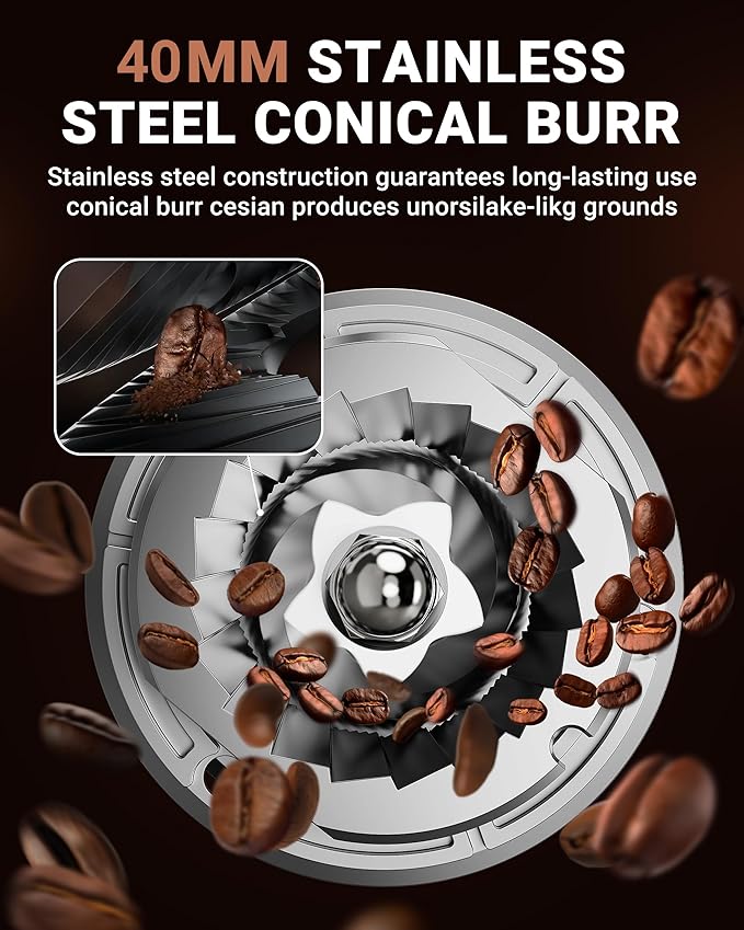 AMZCHEF Coffee Grinder, Burr Coffee Bean Grinder for Home Use with 48 Precise Grind Settings, Detachable Funnel Stand for Espresso, LED Control Panel, Anti-static Design, silver