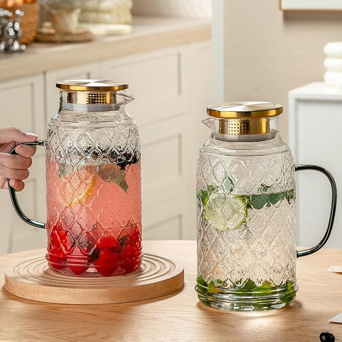 Glass Pitcher with Lid, 68 oz/2 Liter Vintage Water Pitcher, Clear Borosilicate Glass Water Carafe for Cold Brew, Coffee, Lemonade, Iced Tea, Juice, Beverage, Heat Resistant Water Glass Jug