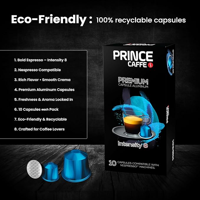 Prince Caffe Espresso Pods – Premium Intensity 8, Medium-Dark Roast, The Espresso Coffee Pods Are Compatible with Nespresso Original Line Machines, 30 Count (3 x 10 Capsules) Premium Quality Coffee Capsules.