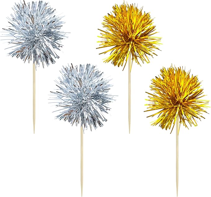 Gyufise 30Pcs Foil Firework Cupcake Toppers Sparkle Tinsel Cake Toppers Tinsel Drink Cake Decoration Cocktail Picks for Birthday Wedding Graduation Party Supplies Gold Silver