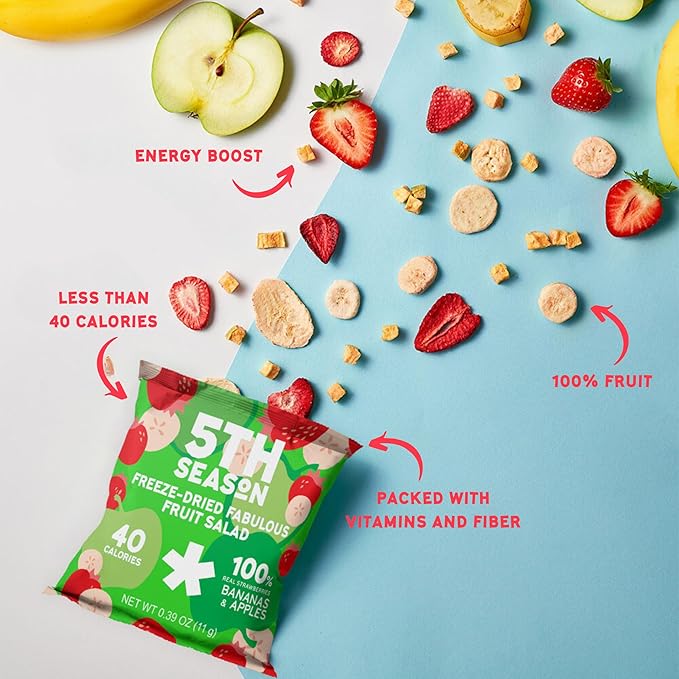 5th Season Freeze Dried Fruit Snacks Variety Pack - 100% 2 count Strawberries, 2 count Fruit Salad, 1 count Mango & Raspberries (5 Pack, 80g each)