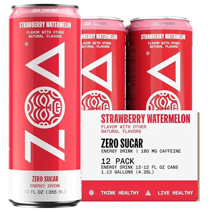 ZOA Zero Sugar Energy Drinks, Strawberry Watermelon - Sugar Free with Electrolytes, Healthy Vitamin C, Amino Acids, Essential B-Vitamins, and Caffeine from Green Tea - 12 Fl Oz (12-Pack)