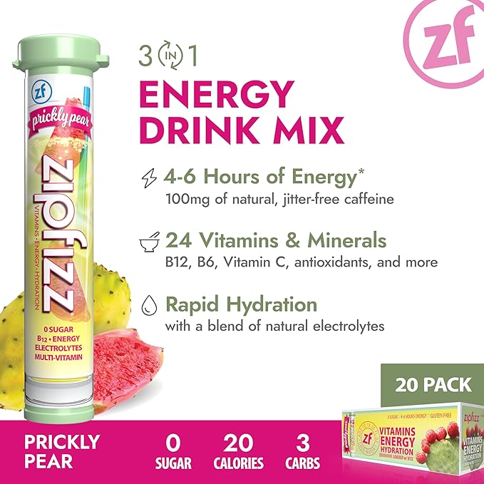 Zipfizz Daily Energy Drink Powder, Prickly Pear, 20 Pack | 3-in-1 Sustained Energy, Rapid Hydration, and Essential Vitamins | Sugar-Free | Electrolyte Powder | Contains Vitamin B-12 & Antioxidants