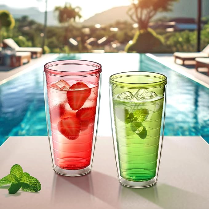 Amazing Abby - Alaska - 24-Ounce Insulated Plastic Tumblers (Set of 4), Double-Wall Plastic Drinking Glasses, Mixed-Color Reusable Plastic Cups, BPA-Free, Shatter-Proof, Dishwasher-Safe