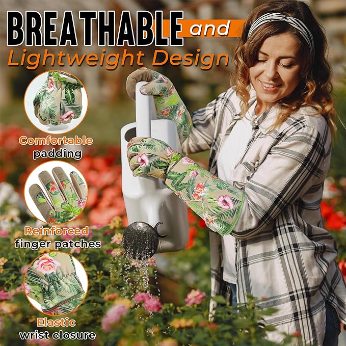 HANDLANDY Leather Gardening Gloves for Women, Scratch Resistant Breathable Ladies Rose Pruning Garden Gauntlet Yard Gloves, Gift for Gardeners (Khaki, S)