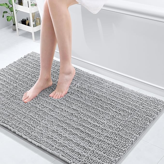 Arotive Luxury Chenille Bathroom Rug Mat, Extra Soft Thick Absorbent Shaggy Bath Rugs, Non-Slip Machine Wash Dry, Plush Bath Mats for Bathroom, Shower and Tub, 45x27, Light Grey