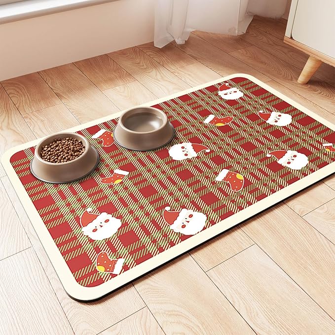 Pet Feeding Mat-Absorbent Pet Placemat for Food and Water Bowl, with Waterproof Rubber Backing, Quick Dry Water Dispenser Mat for Dog and Cat(Christmas, 17"x27")