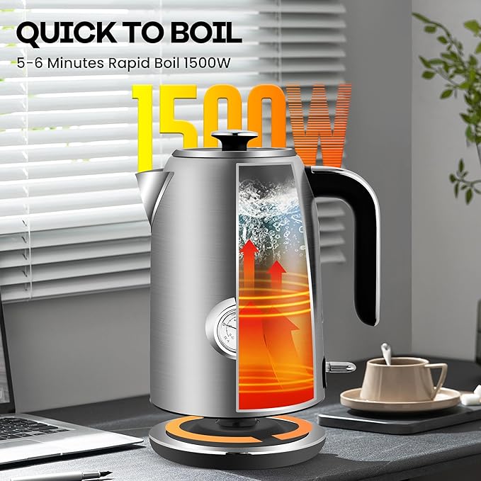 Pukomc Electric Kettle,1.7L Stainless Steel Electric tea kettle with Temperature Gauge, Fast Boiling, Auto Shut - off, BPA - Free, Boil - Dry Protection, (Silver)