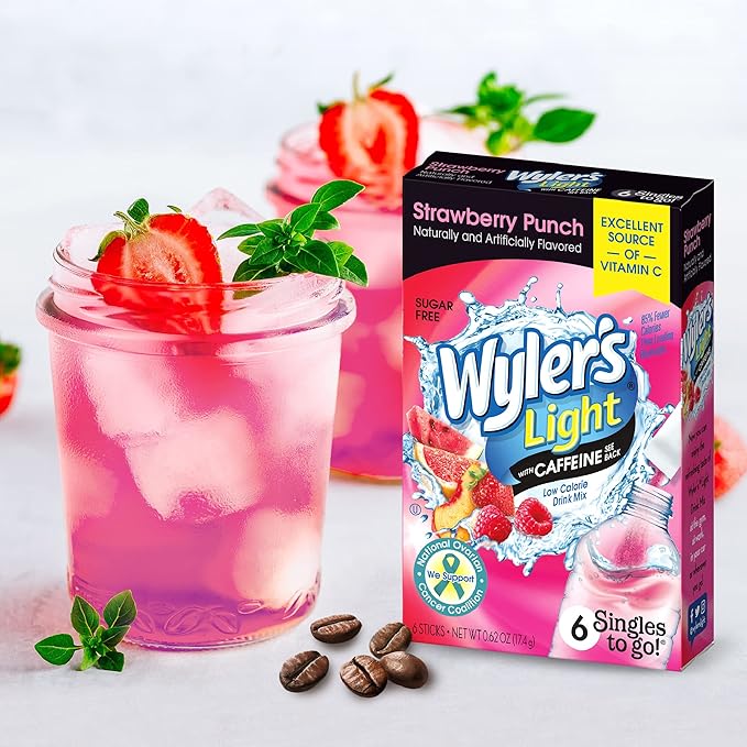 Wyler's Light Singles to Go Caffeinated Drink Mix - Strawberry Punch Powder Sticks (12 Boxes with 6 Packets Each - 72 Total Servings)