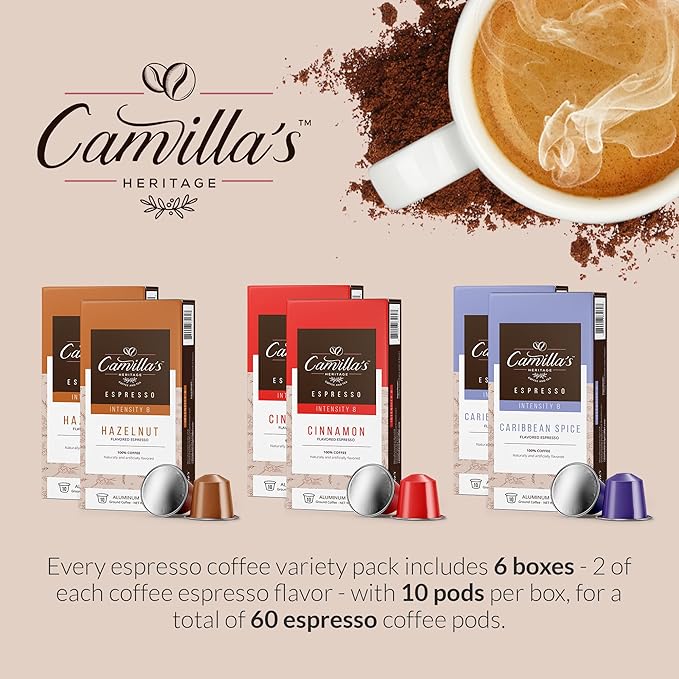 Camilla’s Heritage - Intensity 8 Flavored Espresso Coffee Spiced Variety Pack (Caribbean Spice, Cinnamon & Hazelnut Espresso Cups) 60 Coffee Pods