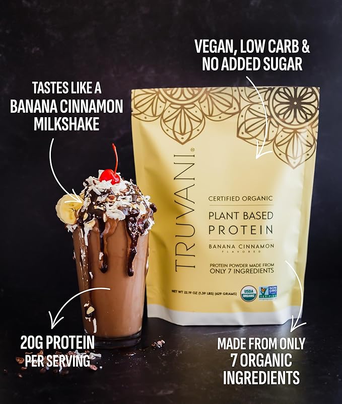 Truvani Vegan Pea Protein Powder | Banana Cinnamon | 20g Organic Plant Based Protein | 10 Servings | Keto | Gluten & Dairy Free | Low Carb | No Added Sugar