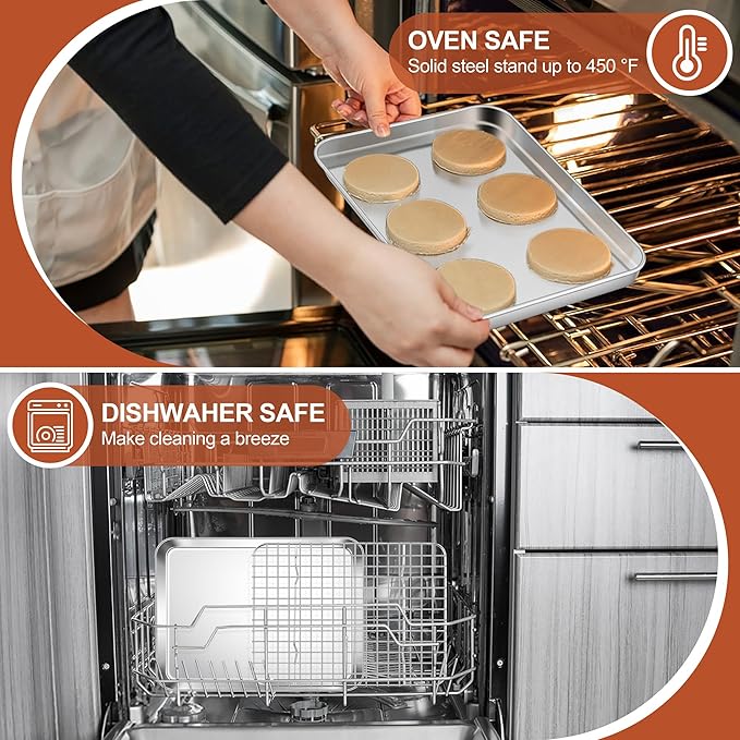 E-far Stainless Steel Baking Sheet with Wire Rack Set, 10.5” x 8.3” Cookie Sheet Baking Pan for Toaster Oven, Small Metal Tray with Cooling Rack for Cooking Roasting, Non-Toxic & Dishwasher Safe