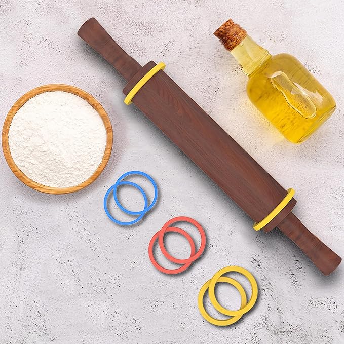 Classic Wooden Rolling Pin with Handle for Fondant, Pizza, Pies, Cookies, Pastries, Rolling Pin for Baking with 3 Multi-Color Thickness Rings, 17" x 2.5" (Include handle) Sapele Rolling Pin
