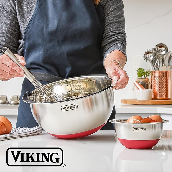 Viking Mixing Bowls Set, 10 Piece Stainless Steel Kitchen Cookware, Non-Slip Silicone Base, Includes Tight Fit Lids, Dishwasher Safe, Red