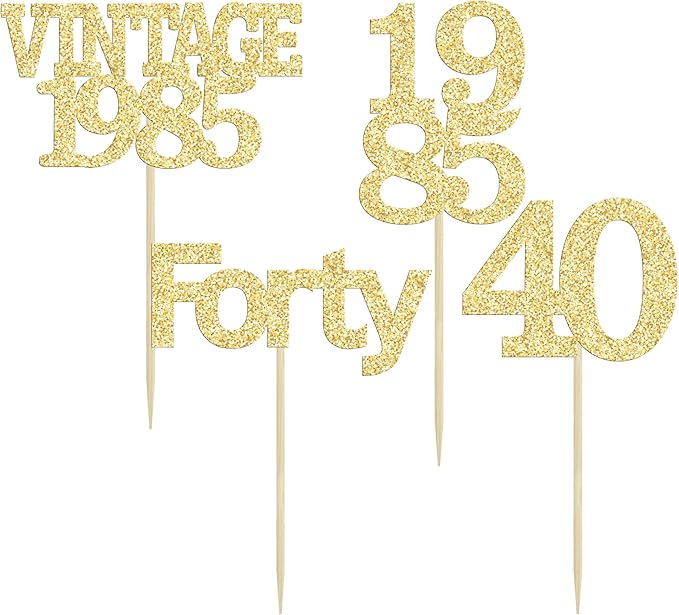 Gyufise 24Pcs Happy 40th Birthday Cupcake Toppers Glitter Forty 40 Fabulous Vintage 1985 Cake Toppers for 40th Birthday Wedding Anniversary Party Cake Decorations Supplies Gold