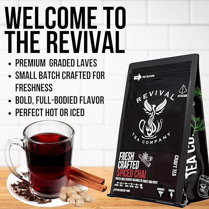Revival Tea Company Fresh Crafted Spiced Chai Tea - Black Tea Blend with Fresh Spiced Chai Flavor - Loose Leaf 8 Ounces