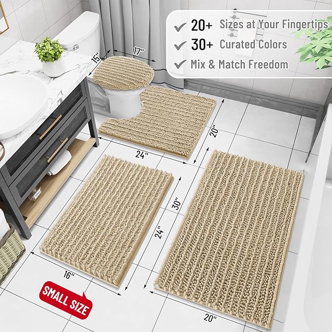 Arotive Luxury Chenille Bathroom Rug Mat, Extra Soft Thick Absorbent Shaggy Bath Rugs, Non-Slip Machine Wash Dry, Plush Bath Mats for Bathroom, Shower and Tub, 59x35, Beige