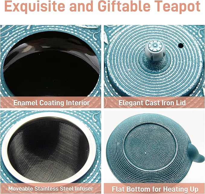 Cast Iron Teapot,SECHUDO Tea Kettle Coated with Enameled Interior for Loose Tea,Cast Iron Teapot with Stainless Steel Infuser for Stovetop Safe (27.1oz Flat Butterfly Pattern)