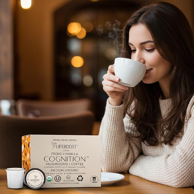 Lifeboost French Vanilla Cognition Mushroom Coffee Pods - Low Acid Organic K-Cups with Lion’s Mane & Chaga Nootropic Mushrooms for Focus, Energy & Immune Support - 10 Count