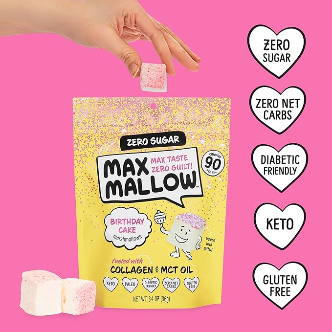 Max Mallow Sugar Free Marshmallows - Keto Friendly, Perfect for S'mores, Hot Chocolate, and Baking with Zero Sugar Snacks, Smores Mct Oil Zero Sugar Marshmellow Marshmallow Lightning Vanilla, Mint Chip, Cinnamon Toast, Burnt Caramel, Birthday Cake, & C...