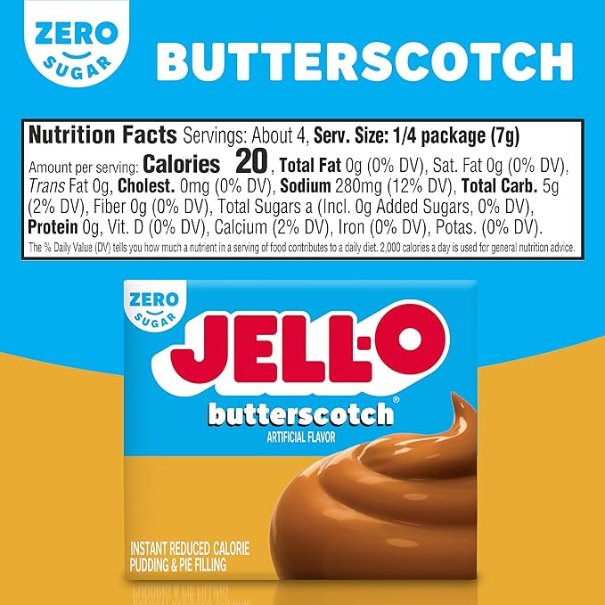 Jell-O Butterscotch Sugar Free & Fat Free Instant Pudding & Pie Filling Mix, 24 ct Pack - 1 oz Boxes, As Seen on TikTok