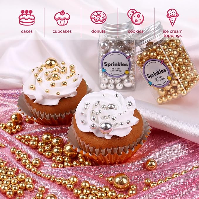 Pearl Sprinkles for Cake Decorating, Gold Pearl Sprinkles, Sliver Pearls Sprinkles, Sugar Pearls, Metallic Sprinkles Mix for Cake, Cupcakes, Macaron, Ice Cream, and Cookies. (120g/4.2oz)