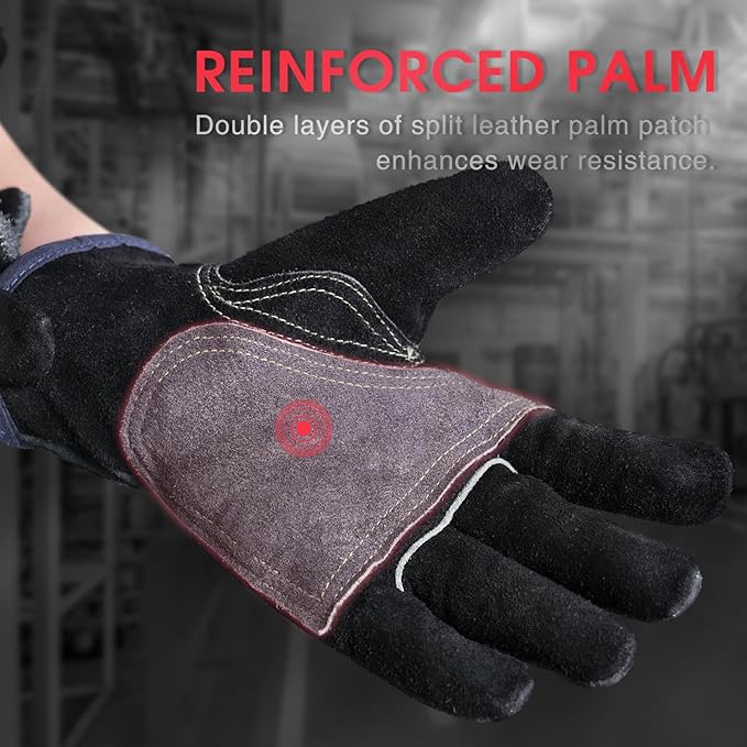 YESWELDER Leather Work Gloves for Men or Women，Suitable for welding | gardening |construction etc. Cowhide leather with cotton lining, wrist closure, grippy and durable.Reinforced palm,Black-gray M