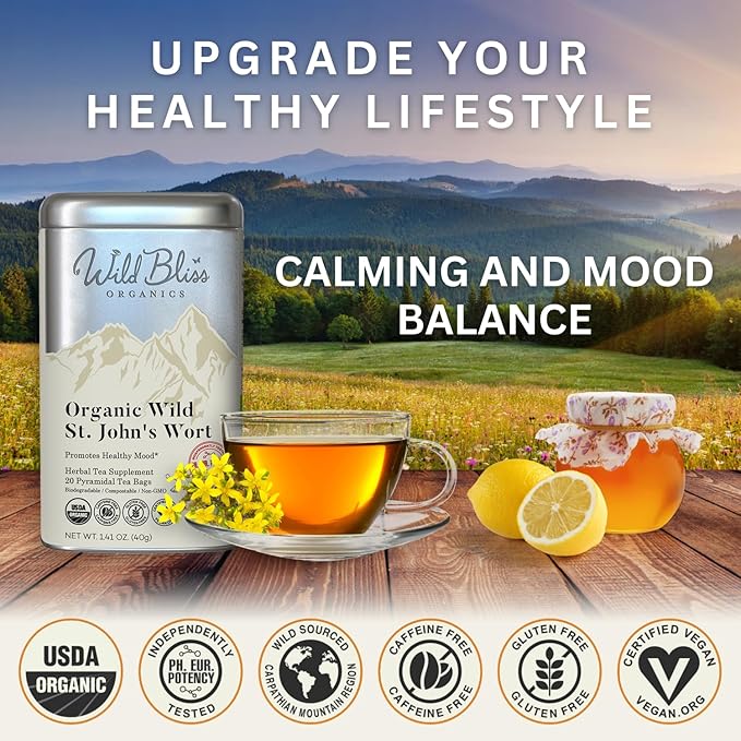 Wild Bliss Organic St Johns Wort Herbal Tea - Caffeine Free Mood Balance Support Tea - Pharmacopoeia Potency - 20 Plant Based Tea Bags