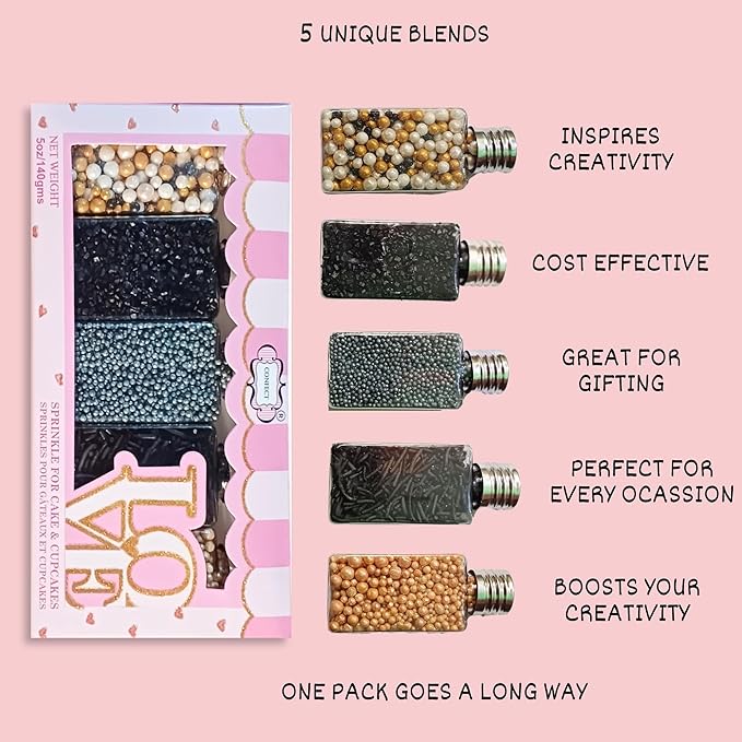 Confect Masquerade Sprinkles Mix – Champagne Gold & Black Pearl Dragees, Black Jimmies & Sparkling Sugar | Edible Sprinkles for Cakes, Cupcakes & Desserts | Vegan, Gluten-Free, Nut-Free, Soy-Free, Dairy-Free, Palm Oil-Free- 5 Oz