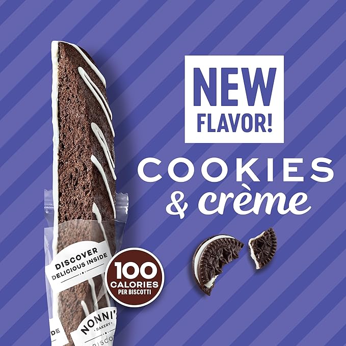 Nonni's Cookies & Crème Biscotti, Rich Dark Cocoa Cookie with Vanilla Icing, 8 Individually Wrapped Bakery Snacks, 6.88 oz, 6 Pack