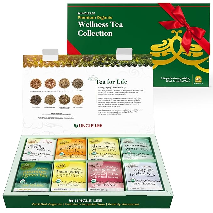 Uncle Lee’s Organic Tea Variety Gift Set – Wellness Collection with 8 Teas (6 Bags Each) in a Premium Gift Box, 3.3 Oz