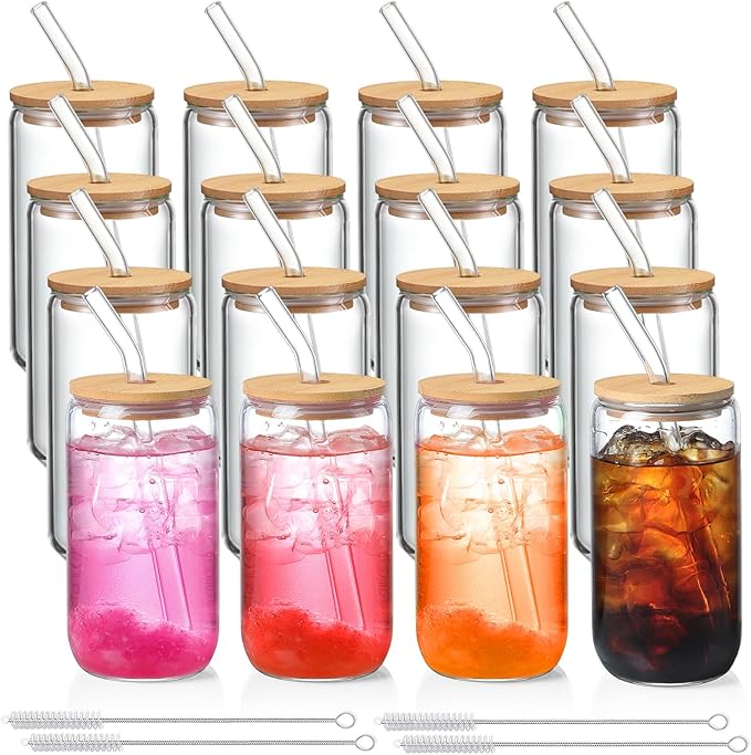 NETANY 16 Pack Glass Cups with Lids and Straws 16 oz, Personalized Customizable Glasses for Gift, Business, Drinking glasses set, Iced Coffee Cup, Cute Aesthetics Tumbler for Tea, Homemade Drinks