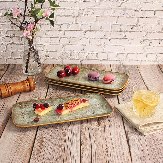Ceramic Dinner Plates Dish Set, Set of 4, Microwave Oven and Dishwasher Safe,Scratch Resistant, Dinnerware Kitchen Porcelain Serving Dishes Brown glaze change, 12.4 Inch Rectangle plate