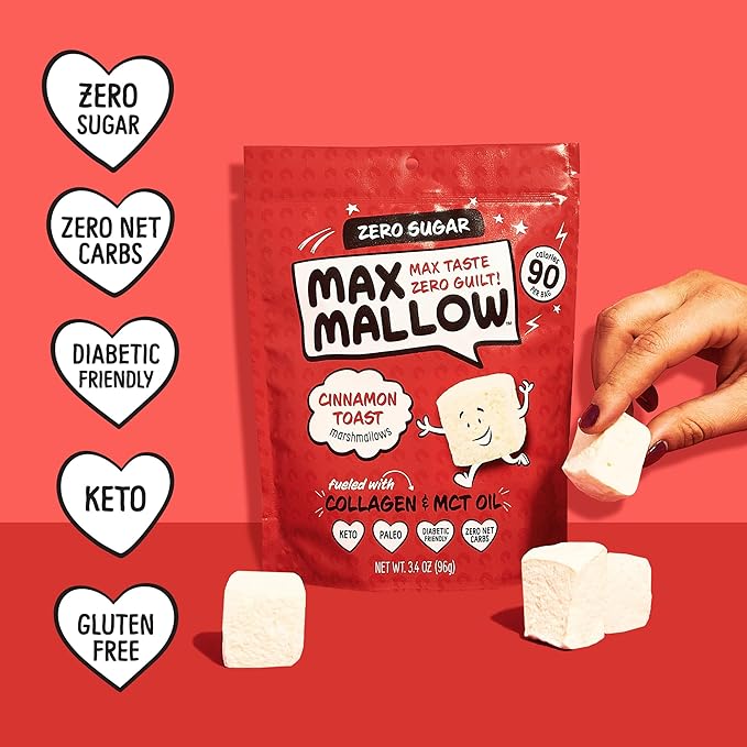 Max Mallow Sugar Free Marshmallows - Keto Friendly, Perfect for S'mores, Hot Chocolate, and Baking with Zero Sugar Snacks, Smores Mct Oil Zero Sugar Marshmellow Marshmallow Lightning Vanilla, Mint Chip, Cinnamon Toast, Burnt Caramel, Birthday Cake, & C...
